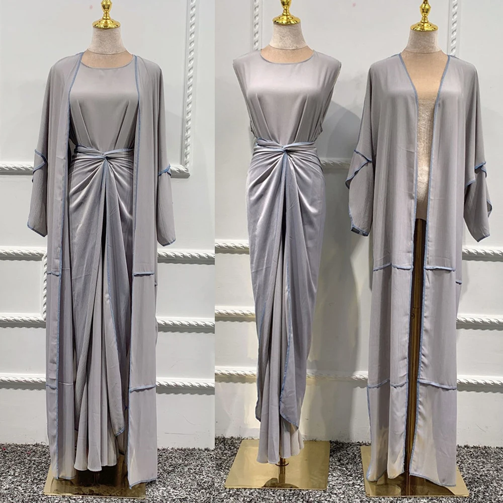 Женское платье без рукавов + открытое кимоно + хиджаб с запахом