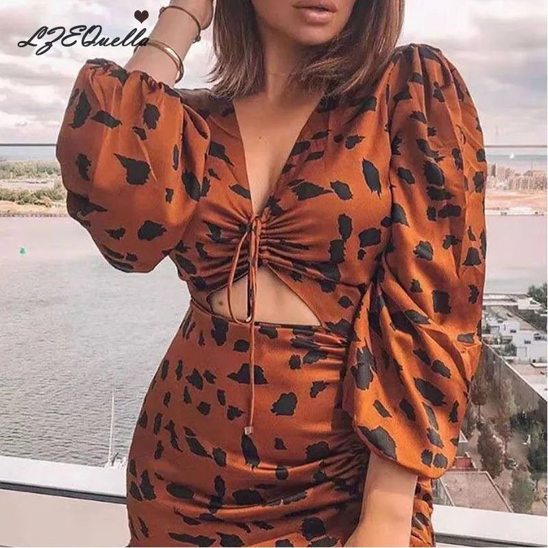 Женское сексуальное платье с v образным вырезом леопардовое оборками женское