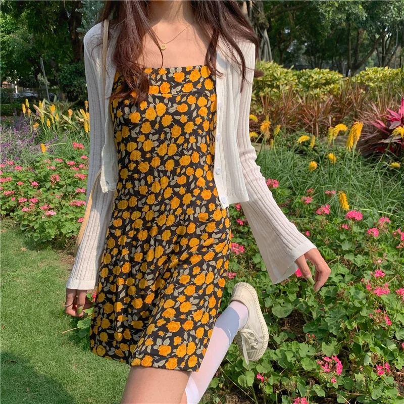 

2021 летние светильник желтый реставрация старинным способом маленький сломанный юбка с цветочным рисунком, платье с бретельками на бретеля...