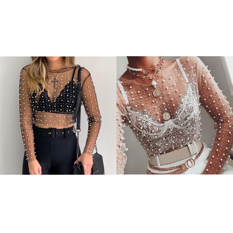 

Women Long Sleeve Sheer Mesh Crop Top Pearls Rhinestone Cover Up Shirt Blouse 83XF