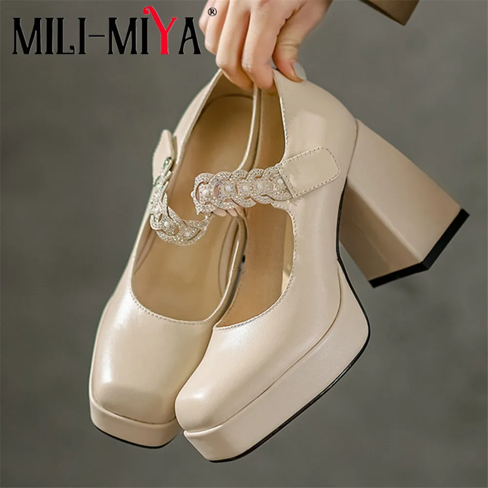 MILI-MIYA Classic Square Toe Thick Heels Women Cow Leather Pumps Solid Color Buckle Strap Platform Size 34-40 Shoes Handmade