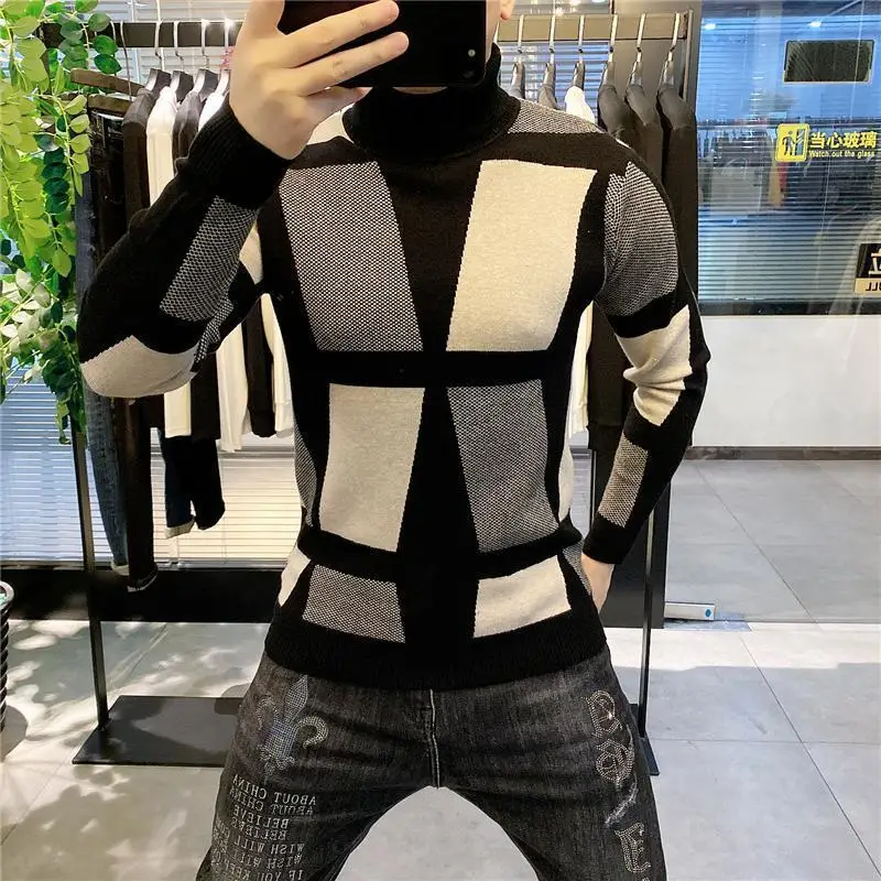

Spring and winter warm high neck sweater men's fashion plaid knitted men's sweater 2020 casual men's double neck slim pullover