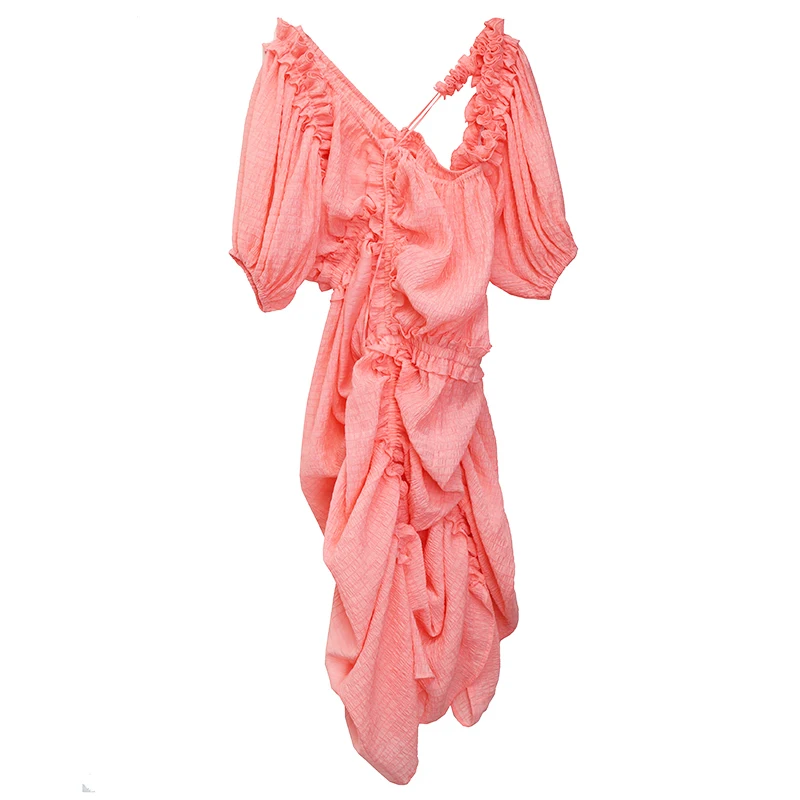 

[EAM] Women Pleated Stitch Asymmetrical Big Size Dress New V-Neck Half Sleeve Loose Fit Fashion Tide Spring Summer 2021 1T917