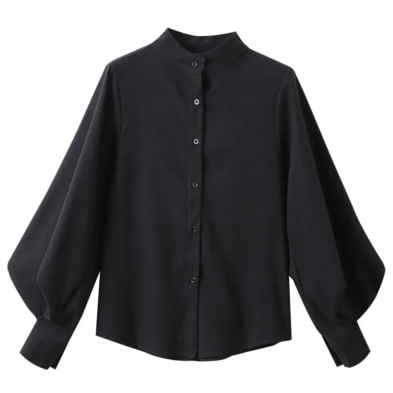 

Women Breasted Vintage Autumn Sleeve Collar Stand Work Winter Big Shirts Blouse Blouse Lantern Blouse Single Shirts Office Solid