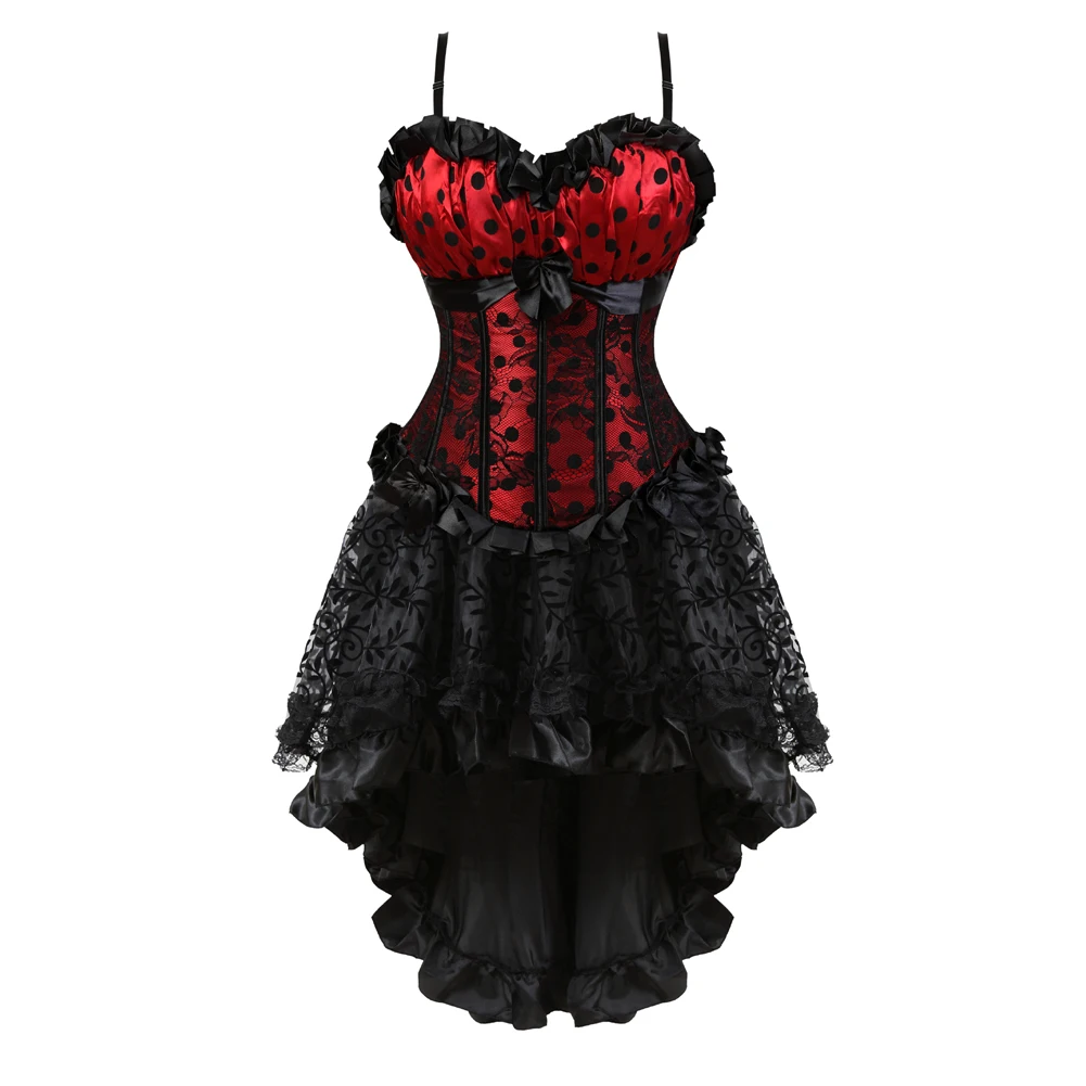 

Women Vintage Print Dot Straps Lace Corset Top With Gothic Floral Skirt Sets Burlesque Corset Dress Dancing Costume Plus S-6XL