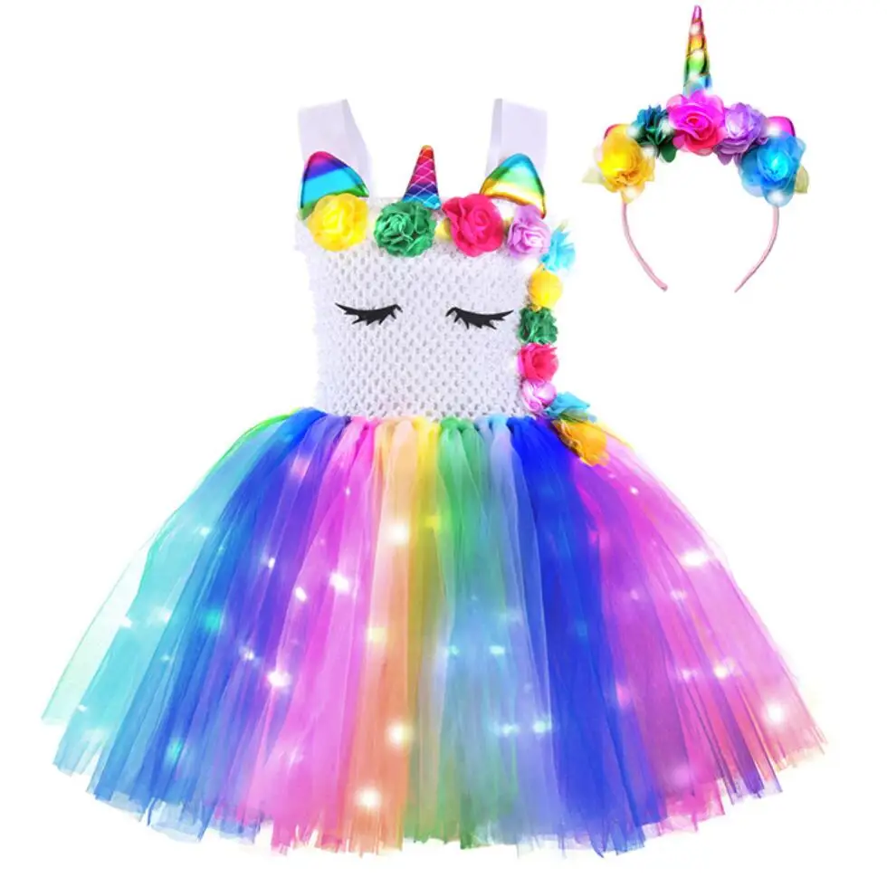 Girls Rainbow Unicorn Dresses Flower Wedding Ball Gown Little Christmas Party Costume Children Clothes Baptism Outfits | Детская одежда