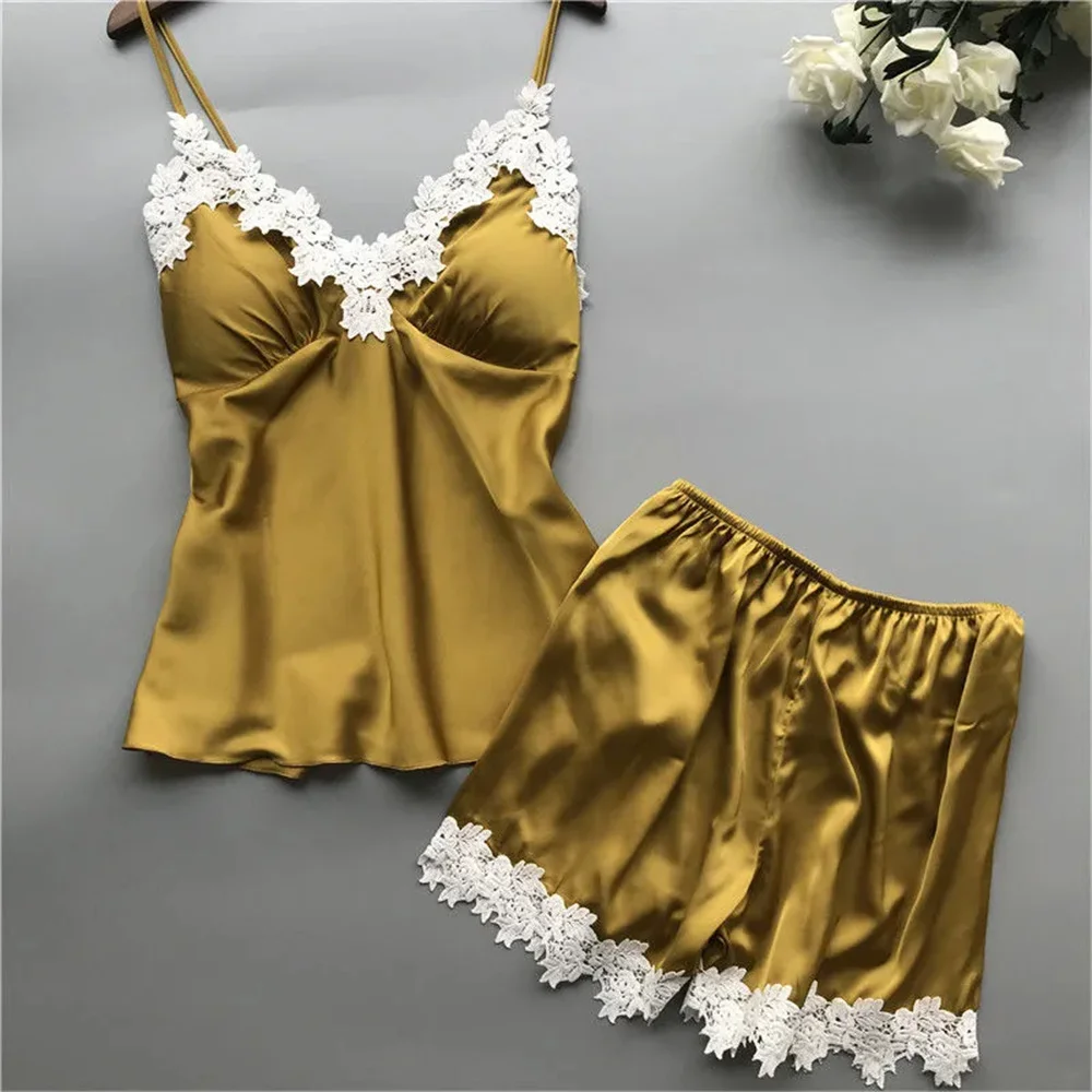 

DAILOU Women's Pajamas Sexy Lace Satin Sleepwear Shorts Female Lingerie Underwear Home Suit Femme Pajama Sets Nightwear 2021 New