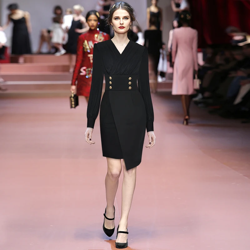 

lantern pressure plait decorative buttons closed pockets hip new professionalism pure color dress in the spring of 2021