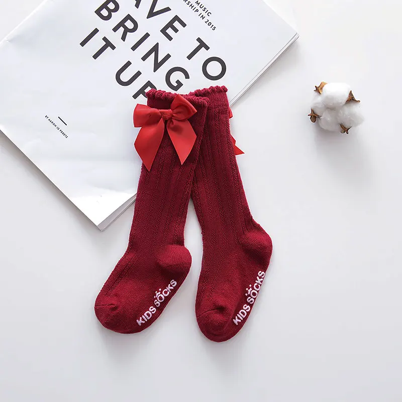 Calcetines largos hasta la rodilla con lazo grande para ni&ntilde;as, medias suaves de encaje de algod&oacute;n para beb&eacute;s, medias de kniekousen meisje, env&iacute;o directo-2