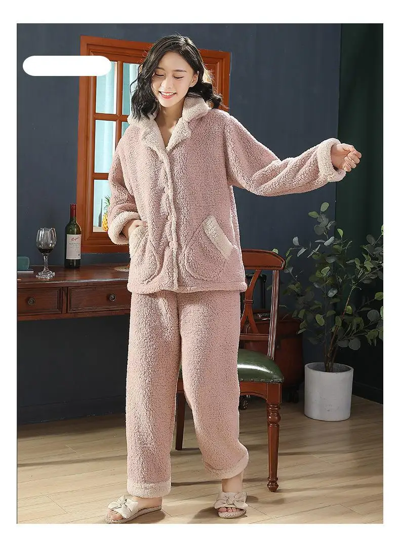 

Winter Lamb Wool 2PCS Pajamas Set Sexy PyjamasThicken Sleepwear Couple Sleep Suit Sleep Wear Lingerie Sleepwear Loose Nightwear