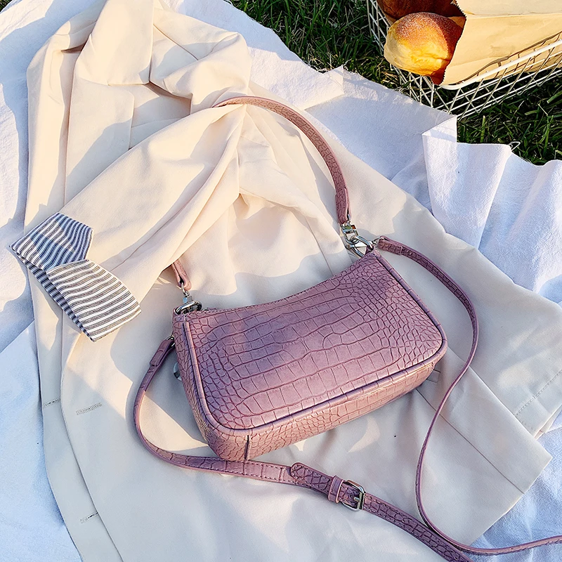 Винтажная Фиолетовая Сумка аллигатора в форме багета 2020 новая модная роскошная