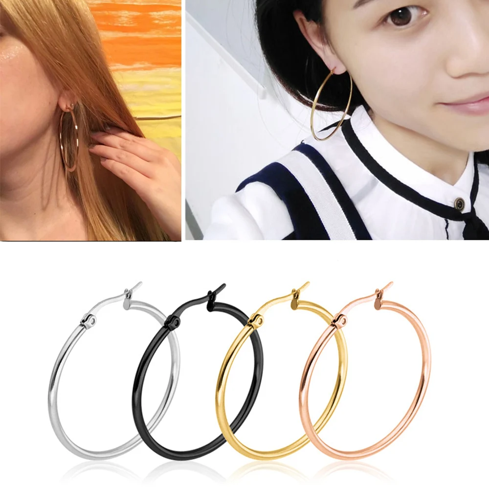

Sexy Women Hypoallergenic Stainless Steel Rounded Smooth Big Large Statement Round Hoop Earrings 40-60mm Minimalist Jewelry