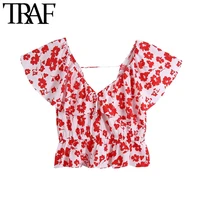baldauren 2022 women fashion with bow floral print cropped blouse vintage v neck ruffled sleeves female shirts blusas chic tops