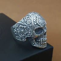 real pure 925 sterling silver gothic skeleton rings for men punk rock rose flower carving fine jewelry