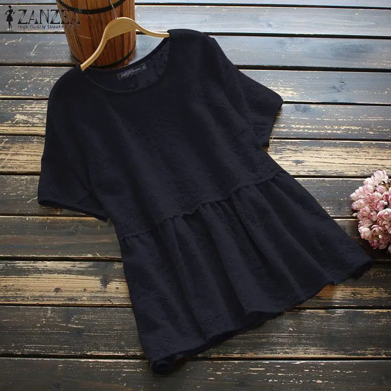 

ZANZEA 2021 Baggy Blouse Tops Women Elegant O Neck Short Sleeve Office Solid Chemise Femme Clothing Lace Casual Lace Shirt Blusa