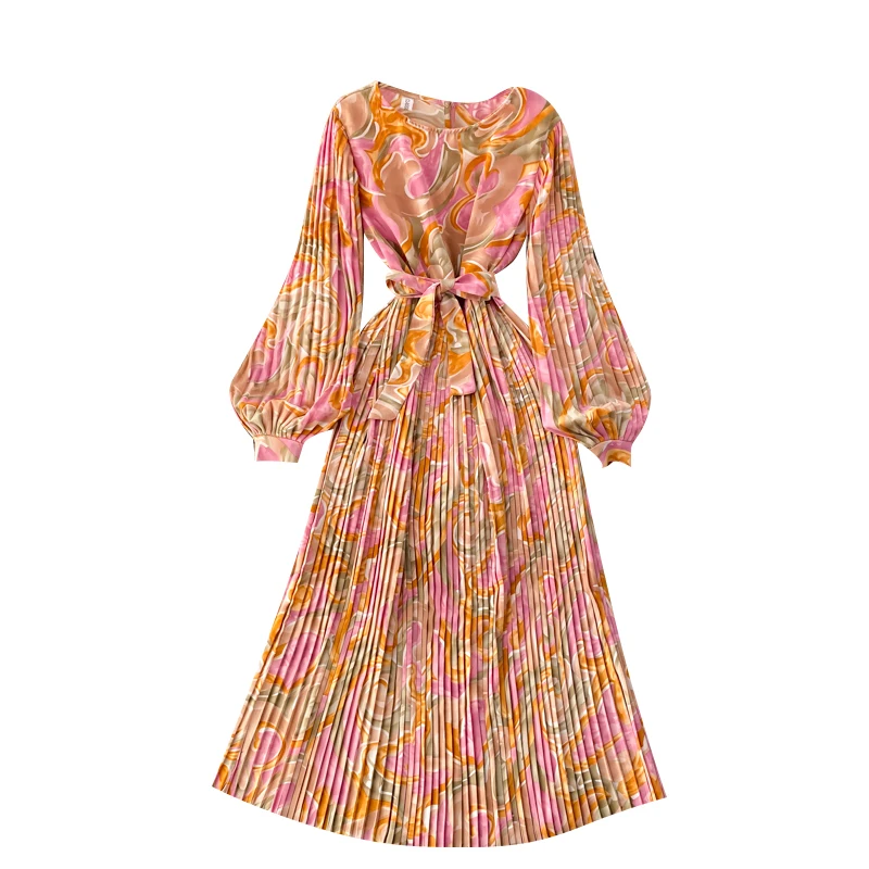 

Spring Fashion New Printing Dyeing Pleated Dress Women Puff Long Sleeve Round Neck Tie Waist Thin Midi Dress Vestidos de Fiesta