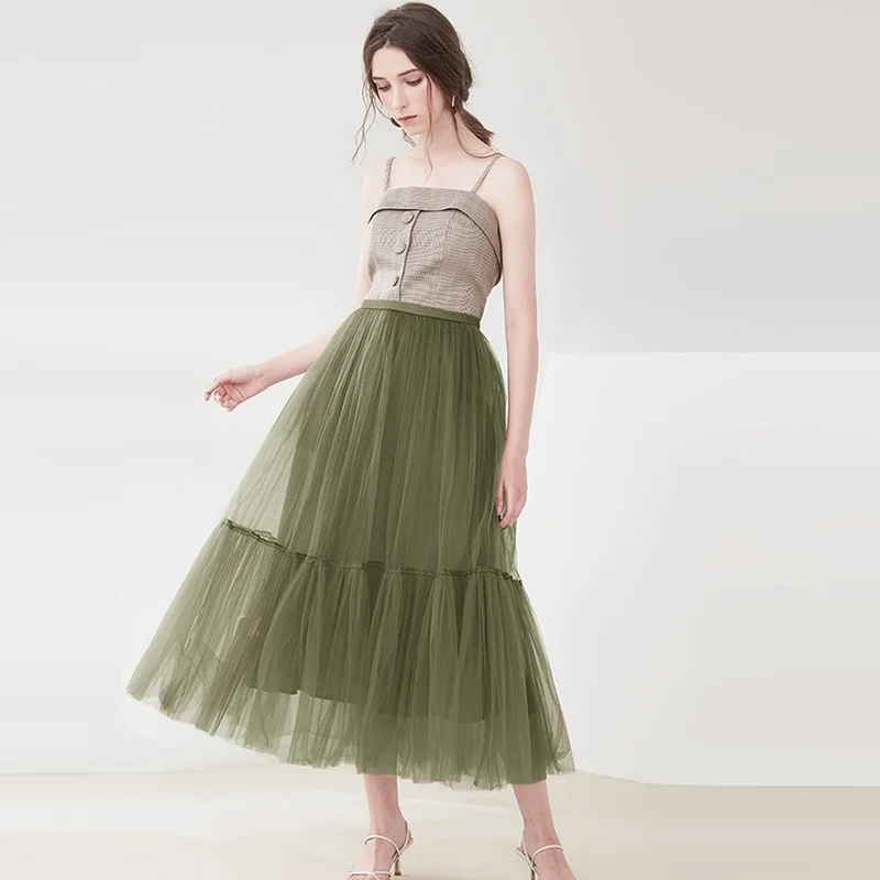 

Fall Winter Army Green Long Mesh Tiered Skirt Office Lady Vintage Layered Ruffle Beach Travel High Street Elastic Waist Skirts