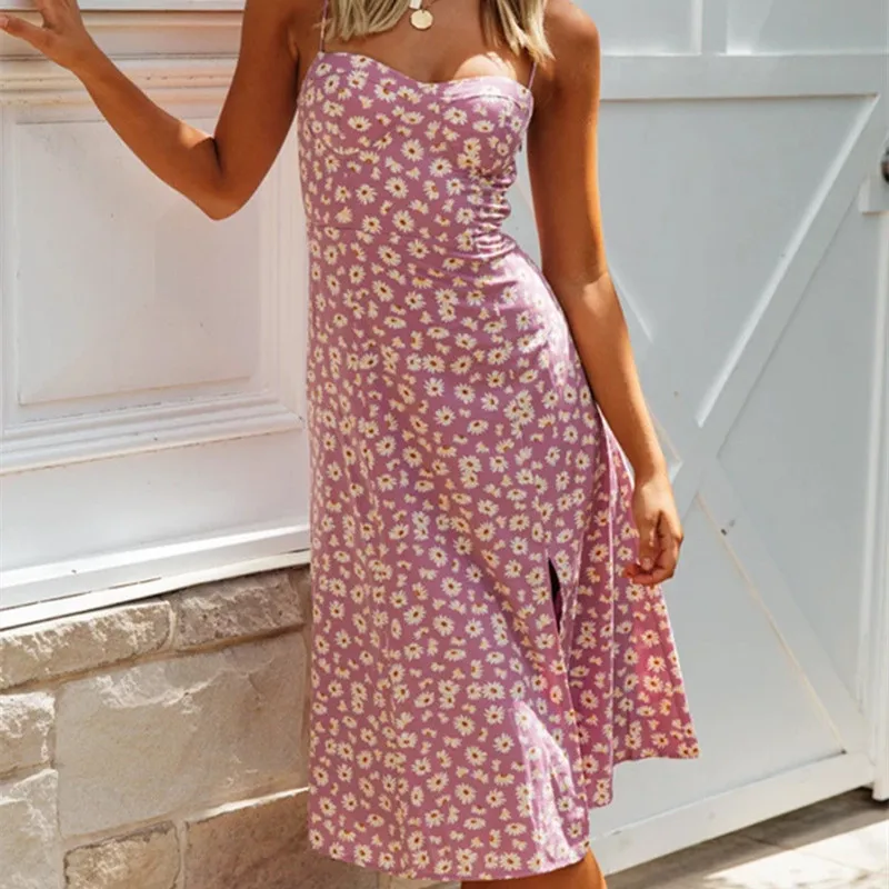 

2020 Summer Elegant Women Print Dress Sexy Beach Style Spaghetti Straps Backless Slim Dress