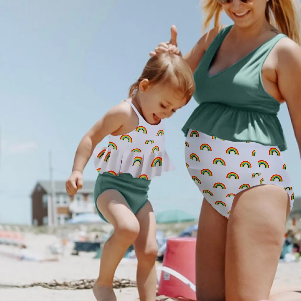 Женский купальный костюм для беременных танкини мамы и дочки с принтом оборками