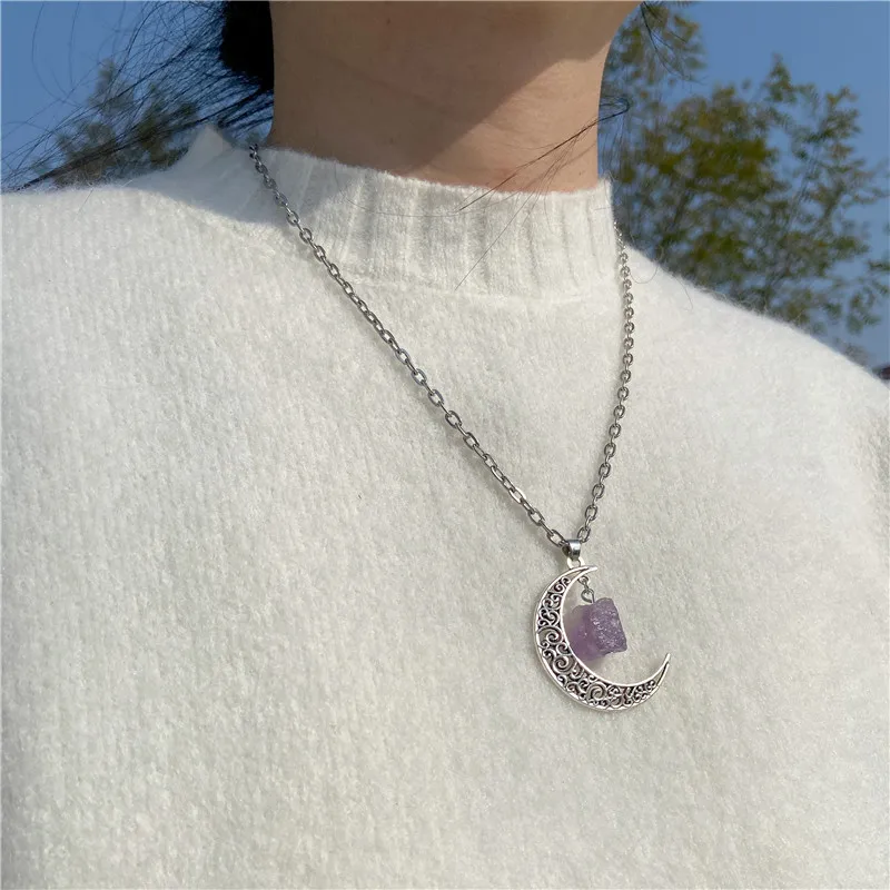 Ретро ожерелье из натурального кварца камня Reiki Raw Stone Retro Moon Necklace Geometric Faith Healing Natural Crystal Quartz Chain Necklaces Jewelry Party Gifts For Women on.