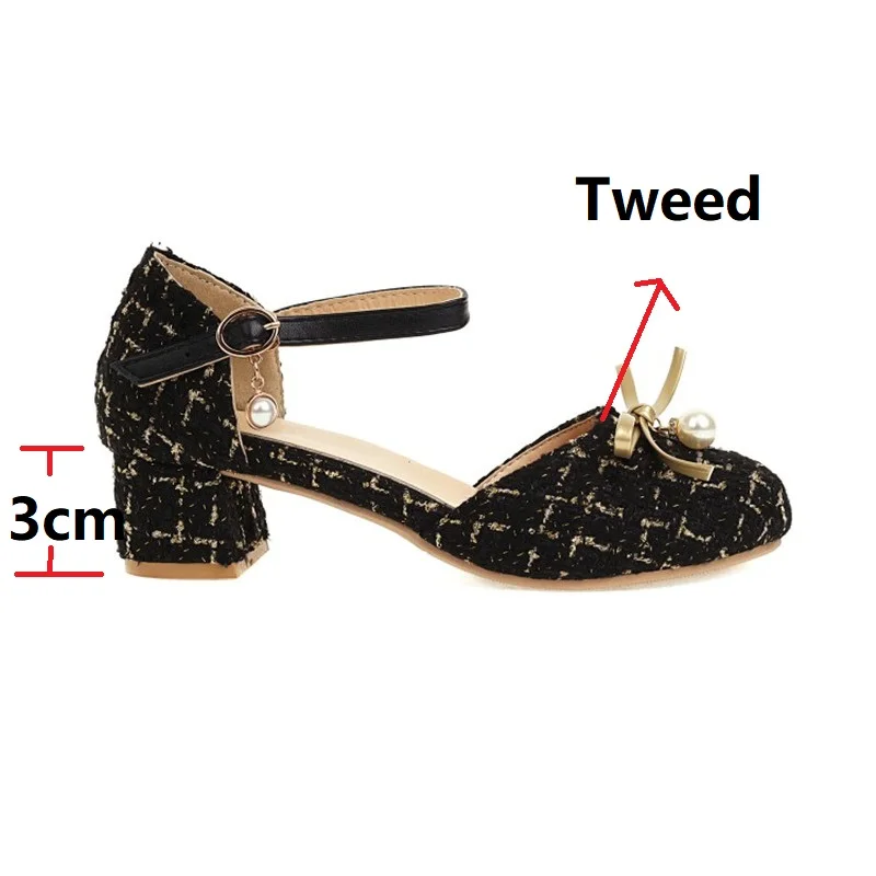 

Luxury Brand Designer Plaid Checkered Tweed Shoes Women Two-piece D'Orsay Ankle Strap Pearls Drop Bow-tie Pumps Low Heels Shoes