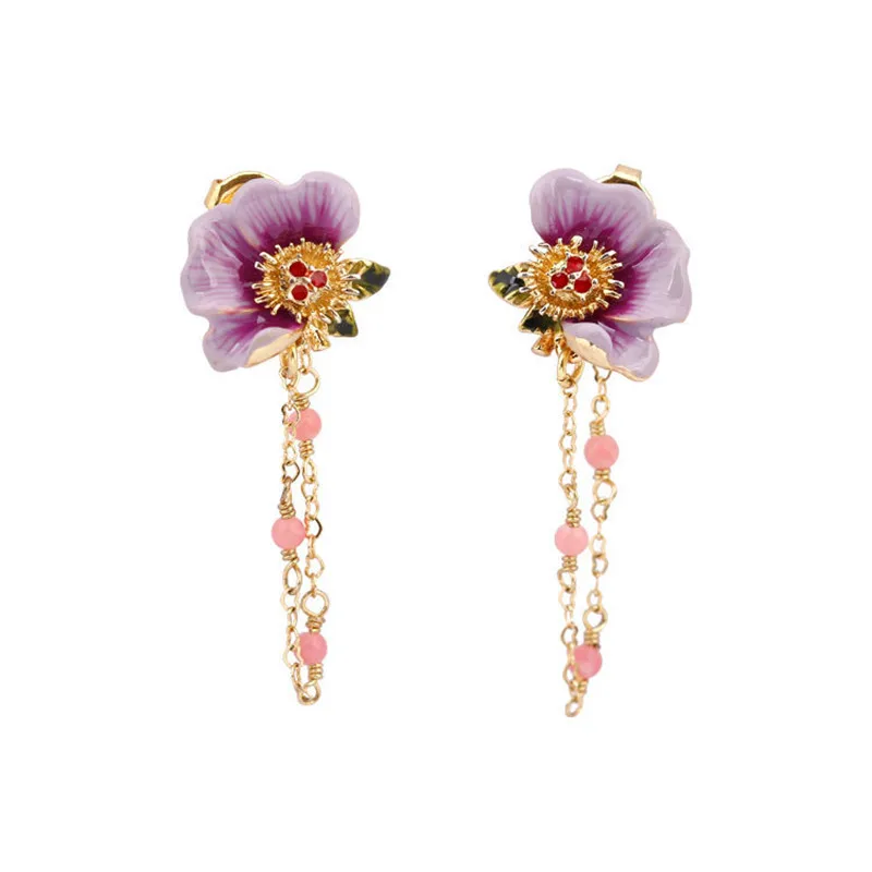 

European and American Fashion Tassel Long Earrings Enamel Glaze Purple Peony Flower Earrings 925 Silver Needle Earrings Female
