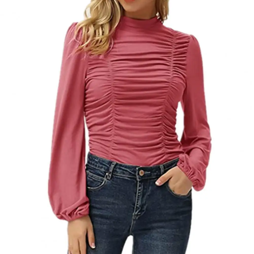 

2021 Hot Sale Women Blouse Slim Tops Solid Color Half High-neck Pleated Long Lantern Sleeve Lady Pullover Top for Office