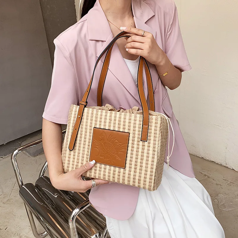 

Casual Striped Basket Straw Bags Rattan Woven Women Shoulder Bags Wicker Woven Handbags Summer Beach Large Tote Big Purses 2021