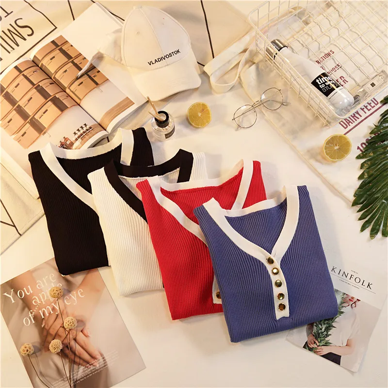 Женская трикотажная футболка с пуговицами HELIAR модная Однотонная v-образным