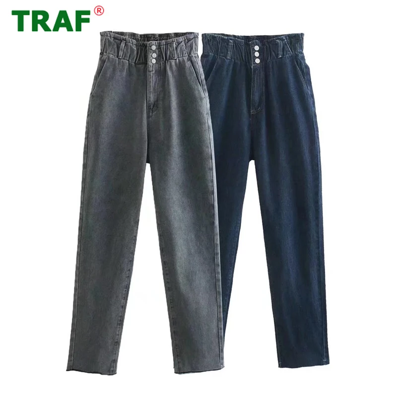 

TRAF Blue Baggy Jeans Woman Zar 2022 Denim Pants Women High Waist Vintage Y2K Wide Mom Jeans Streetwear Trousers Women Pants