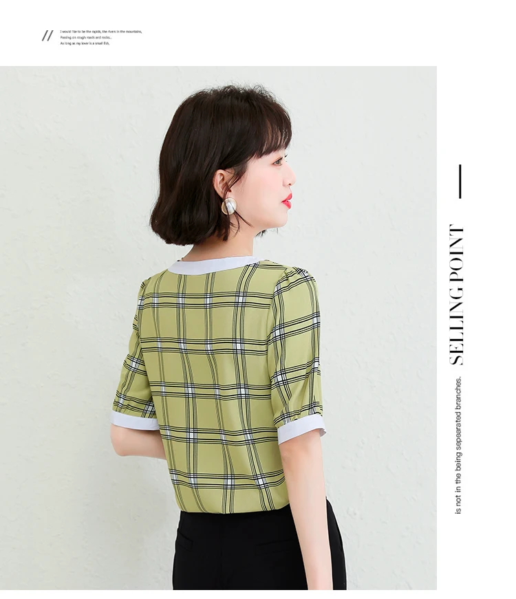 

V-neck Shirts Women Blouse Short Sleeve Tops Plaid Shirt Chiffon Blouses Loose Top Fashion Casual New 10074