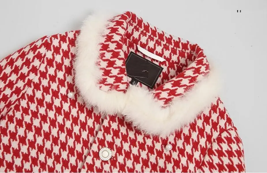 

Autumn winter fashion Houndstooth cloak woolen coat elegant Ladies fur collar Slim Long wool coat outwear s526