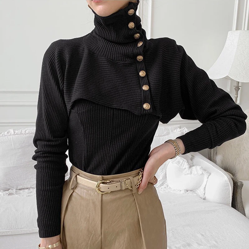 

Solid Knitted Women's Sweater Korean Long Sleeve Loose High Collar Black Sweater Woman Retro Slim Warm Pullover Women 2021