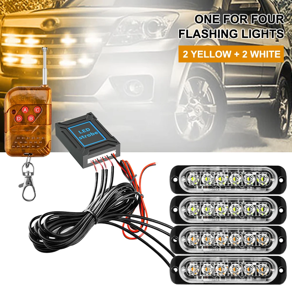 

4 In 1 LED Emergency Warning Light 12-24V 6LED Strobe Light Amber/White with Remote Police Flash Grille Light for Car Truck Boat