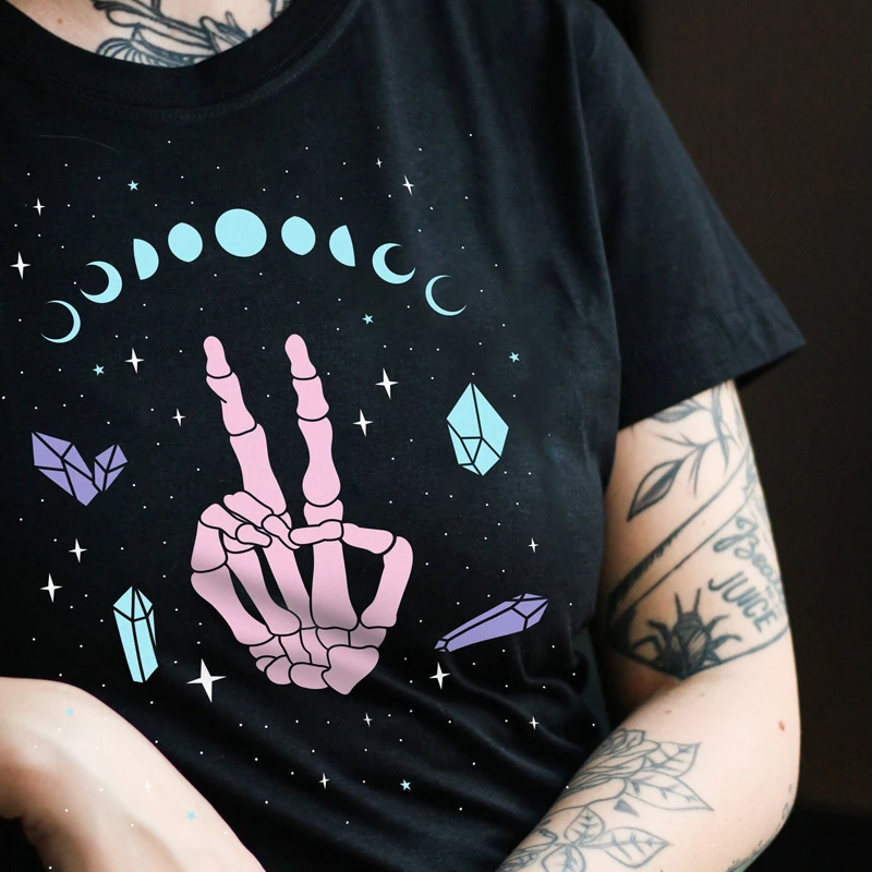 Colored Skeleton Peace Hand Crystals T-shirt Vintage Hippie Moon Phases Tshirt Aesthetic Women Pastel Goth Witch Tee Top