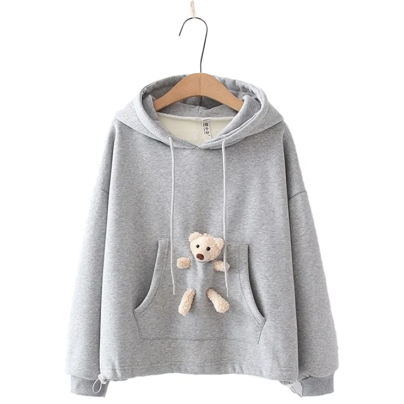 Winter Women's Sweet Pullover Fleece Warm Harajuku Hoodies Loose Solid Color Sweatshirts With Pocket Bear Doll 2010087