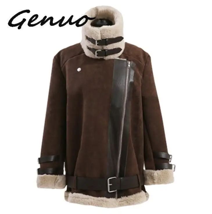 

Genuo New 2020 Autumn Winter Women Leather Fur Coat Warm Thick Fashion Outwear Army Green Faux Suede Jacket
