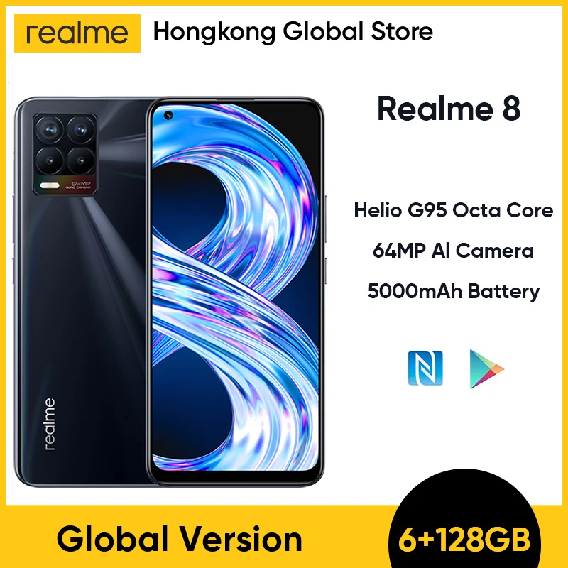 

realme 8 RMX3085 6.4"FHD+ AMOLED 6GB 128GB 64MP AI Quad Camera Helio G95 Octa Core 5000mAh 30W Dart Charge NFC Mobile Phone