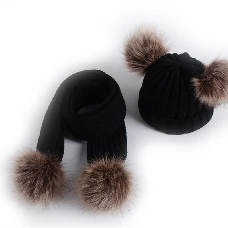 

Girl Pompon Hats and Scarves Sets Winter Knitted Warm Nature Fur Pom Pom Hat Scarf Thick Beanies Hats Caps Kids Baby Solid Bones