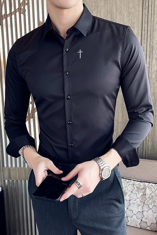 

Embroidered Solid Color Shirt Men's Business Formal Casual Shirt 2021 Long Sleeve Slim Fit Social Party Clothes Chemise Homme