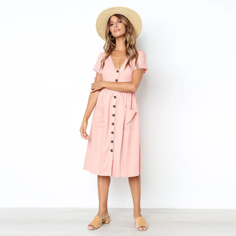 

Women's dress summer traf solid color v-neck button all-match pocket short sleeve shein Dress urban casual y2k woman dress 156