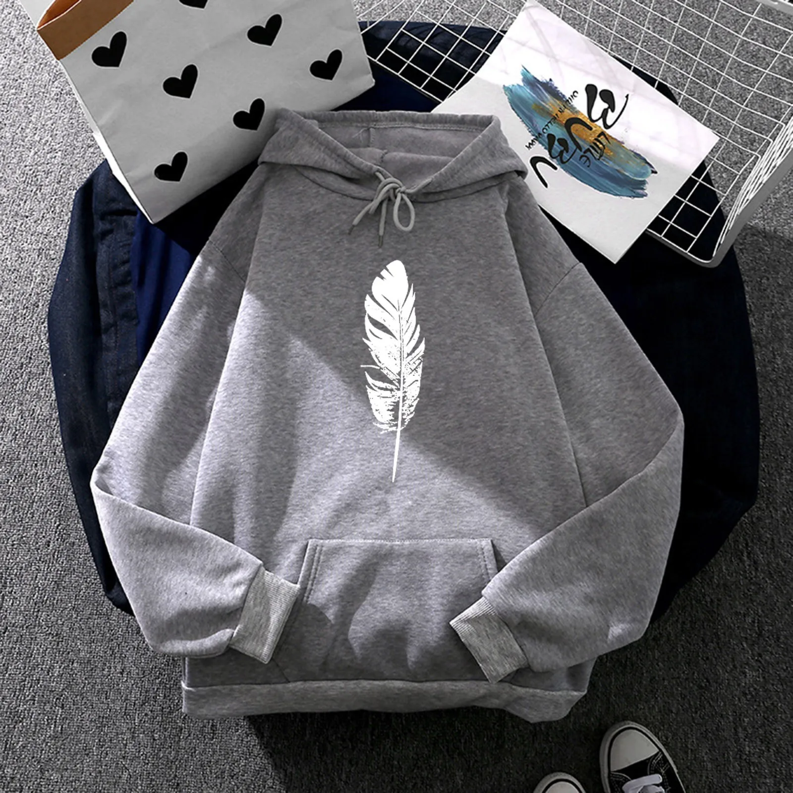 Women Casual Feather Printed Top Long Sleeve Hoodie Loose Hooded Sweatshirt Top With Pocket Streetwear Women Oversized Hoodies