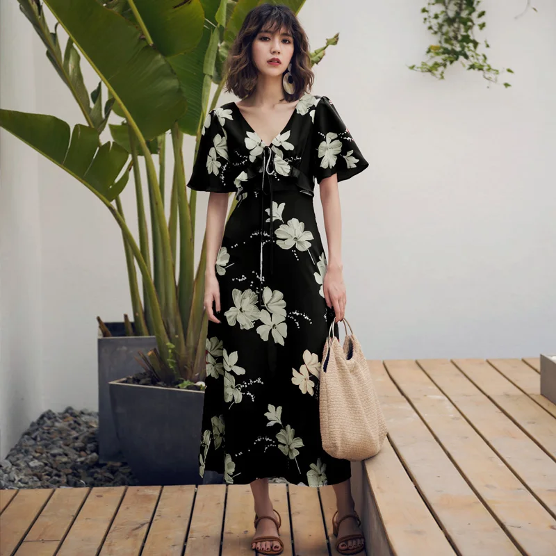 Женское пляжное платье красное с коротким рукавом и цветочным принтом|Женские