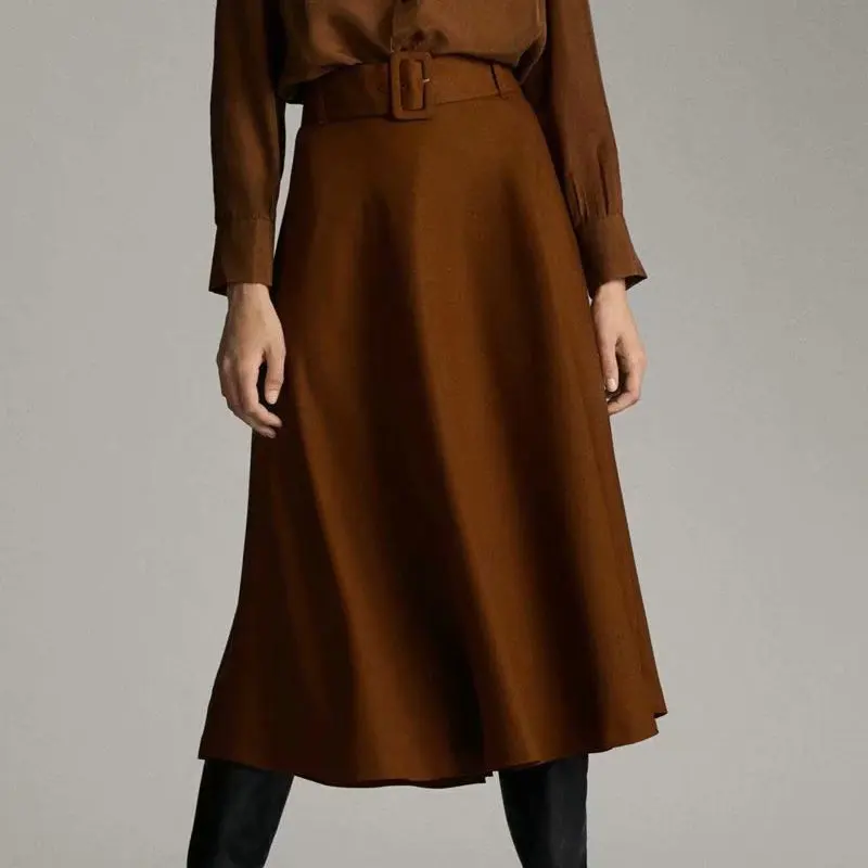

2021 New Arrival Women Luxury Mid-calf Long Skirts Lady Autumn Winter Vintage Knitted Hight Waist Skirt with Belt