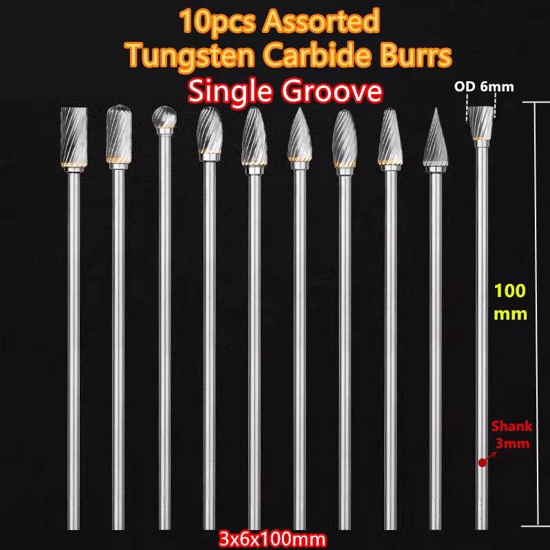 

10 шт. в ассортименте, 3x6x100 мм, удлиненные буры из карбида вольфрама для шлифовальной машины dremel