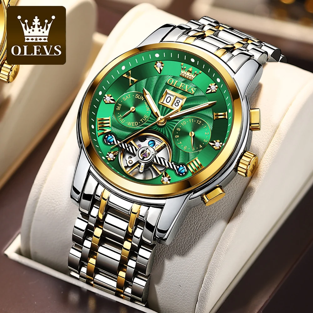 OLEVS Luxury Men's Business Mechanical Watch Green Automatic Stainless Steel Waterproof Tourbillon Fashion Business Watch