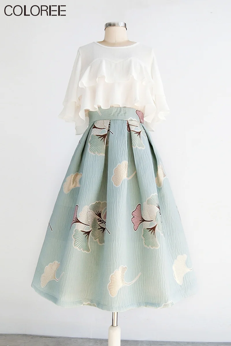 

Spring Summer Floral Embroidery Women Skirts 2021 Vintage High Waist Elastic Chic Midi A-line Skirt Femme