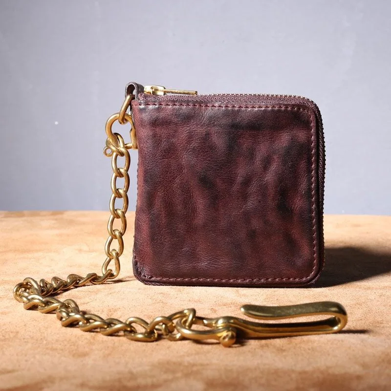 Top Quality Handmade Retro Natural Vegetable Tanned Cowhide Brass Chain short Multi-function Wallet Card Holder