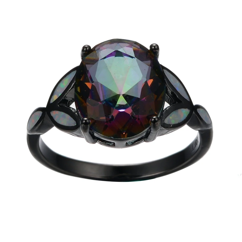 

Charm Female Rainbow Oval Crystal Jewelry Classic 14KT Black Gold Wedding Rings For Women Vintage White Opal Engagement Ring