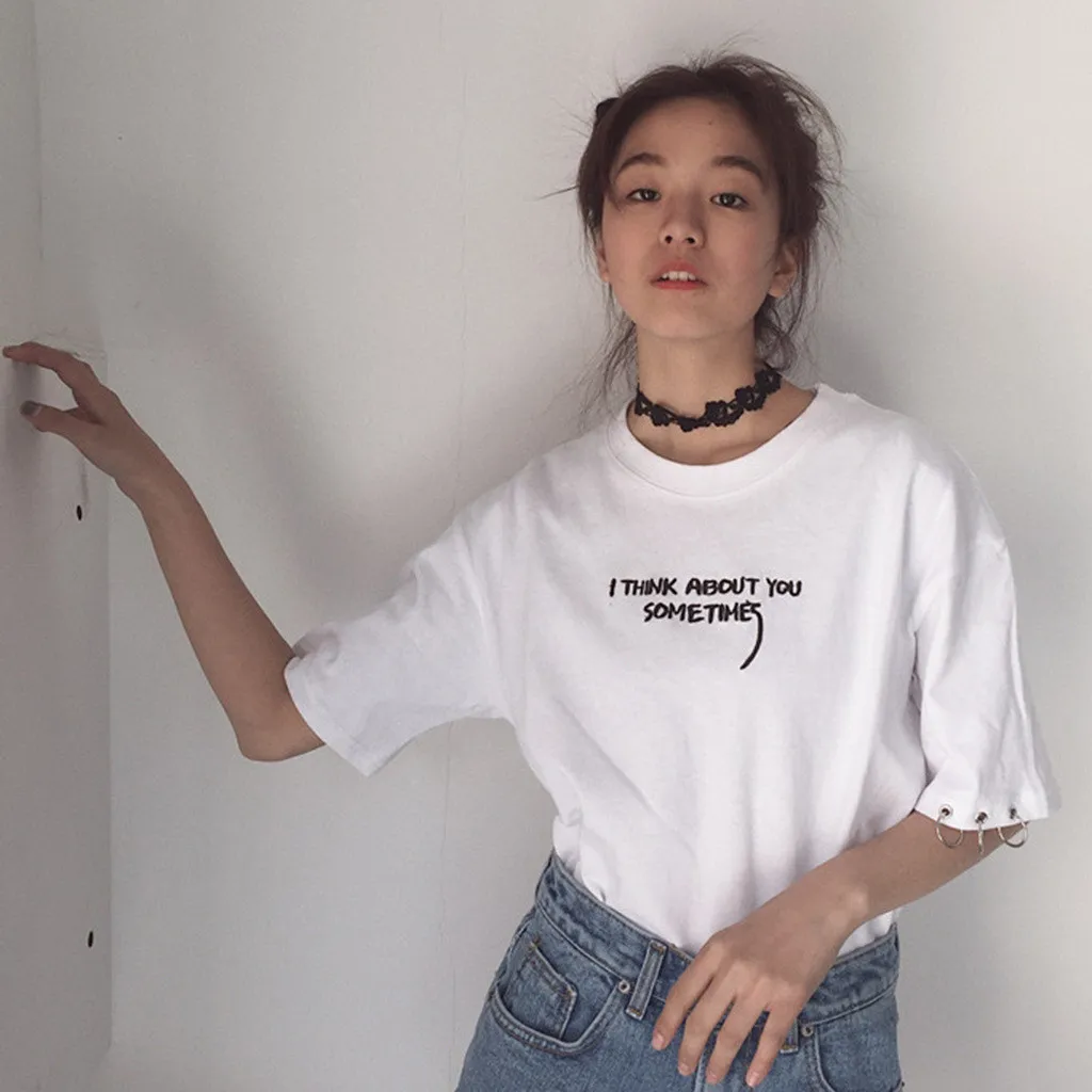 Летние топы, корейский Ulzzang Harajuku, вышивка, короткий рукав, женские повседневные рубашки, футболка,, новинка#0911